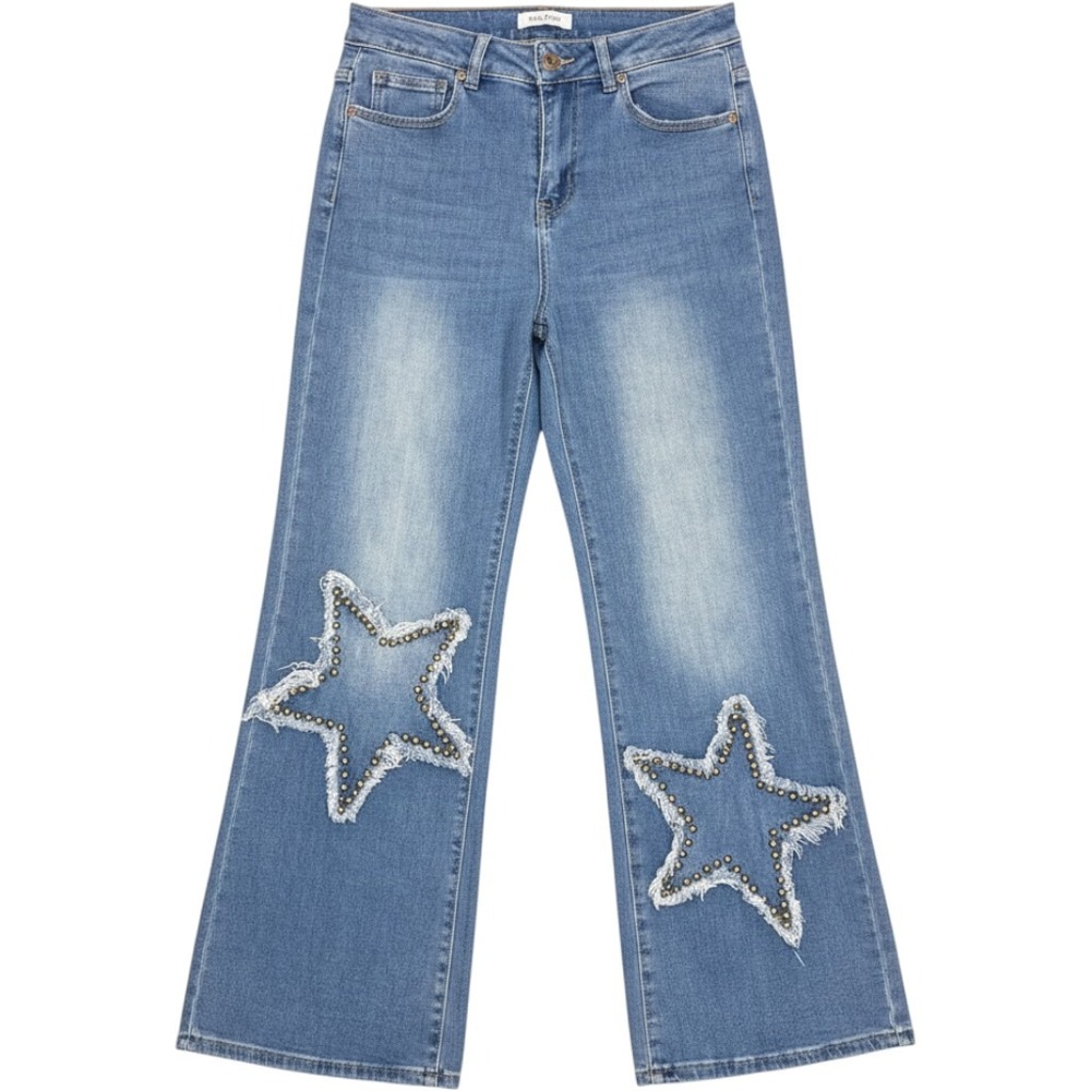 Nina Rossi Star Studded Wide Leg Jeans Medium Wash High Rise Denim Size L Y2K